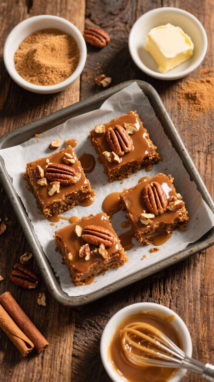 Overhead plated scene of pecan pie snack cake squares drizzled with glossy brown sugar glaze, topped with a scatter of chopped pecans. Surround with small bowls holding light brown sugar, ground cinnamon, and melted-cooled unsalted butter, plus a whisk with glaze trails. Show a parchment-lined pan with a few missing squares to reveal the moist interior. Warm, cozy tones, rustic wood surface, focus on sticky glaze and nutty texture.