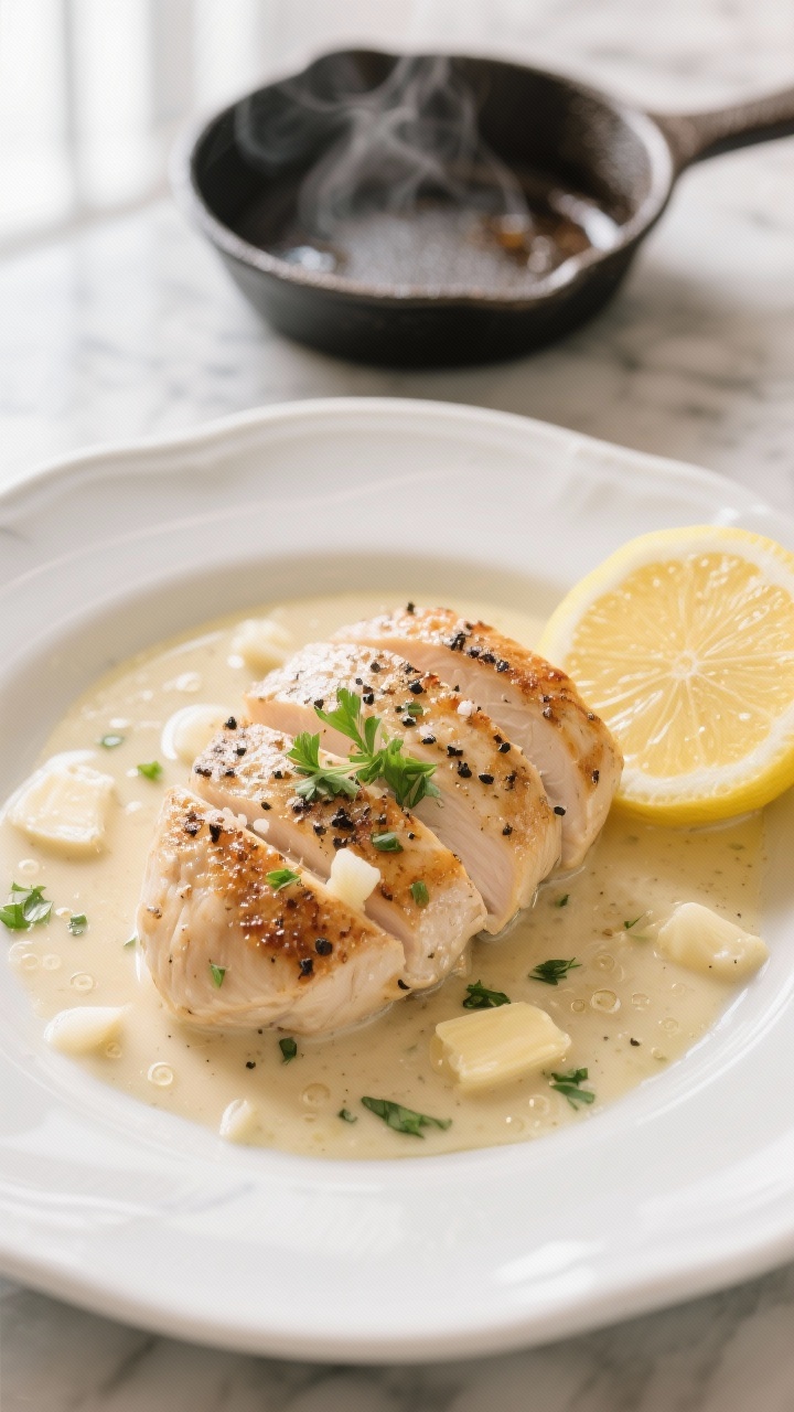 Overhead plated shot, bistro-style: Seared small boneless skinless chicken breasts seasoned with kosher salt, black pepper, and garlic powder, napped in a glossy creamy garlic white wine pan sauce with visible minced garlic and tiny bubbles of butter emulsion, garnished with chopped parsley. Serve on a warm white ceramic plate with a shallow pool of sauce, a lemon wedge in the background, and a small skillet showing fond on a marble surface. Soft window light, subtle steam, highlights on the silky sauce, professional styling, no people.