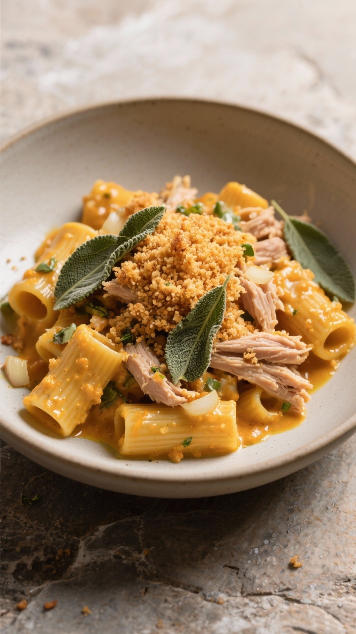 Creative and Easy Ways to Use Thanksgiving Leftovers for Quick Weeknight Meals You’ll Crave Overhead plating of creamy pumpkin-sage turkey pasta: short pasta (rigatoni) coated in silky pumpkin sauce with minced shallot and garlic, flecks of fresh sage, and tender shredded turkey; topped with deeply golden browned-butter panko breadcrumbs for crunch; a drizzle of olive oil and extra sage leaves scattered; warm autumnal color palette, matte ceramic bowl on a stone surface, professional soft light, no people.