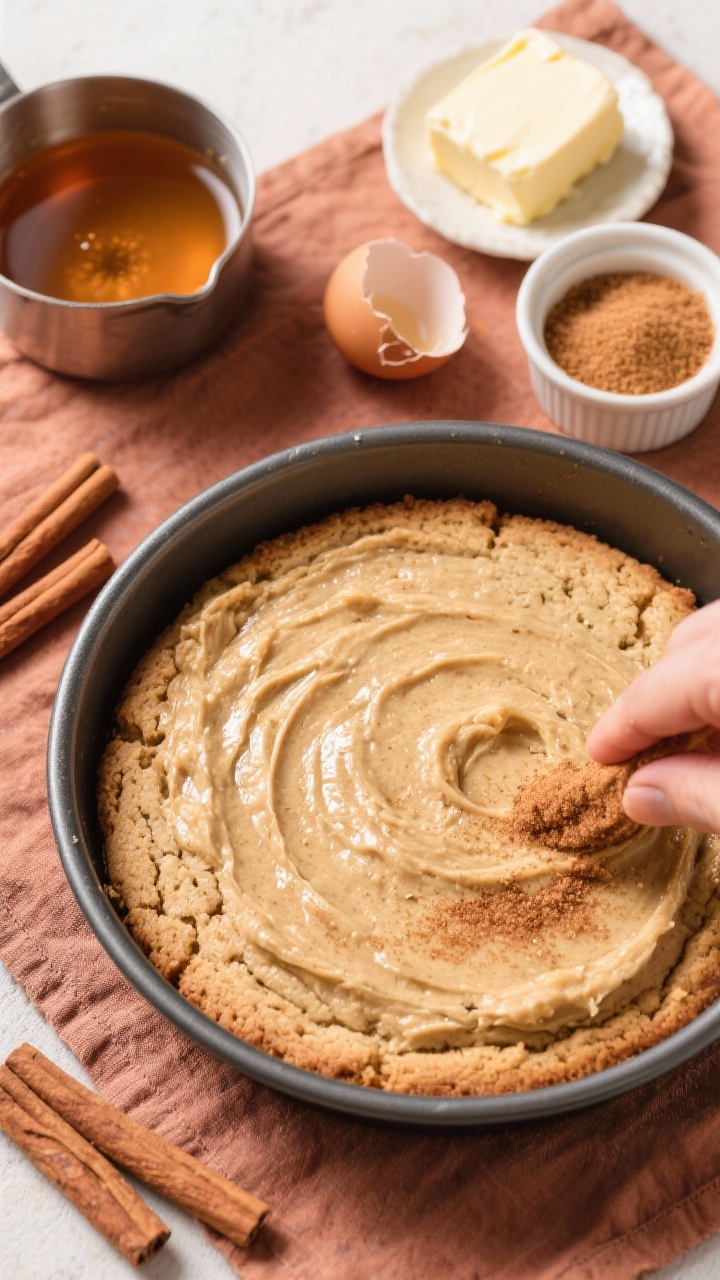 Overhead process shot: Apple Cider Snickerdoodle Cookie Cake batter being smoothed into a round pan, ready for its cinnamon sugar crackle. A small saucepan of apple cider reduced to a syrupy 1/3 cup sits nearby, alongside softened butter, a mix of granulated and light brown sugar, one cracked egg, and a ramekin of cinnamon sugar ready to sprinkle. Warm, autumnal tones with a linen in russet hues, cinnamon sticks scattered, and visible glossy ribbons of cider reduction. Clean, bright light to emphasize the upcoming crackled sugar crust.