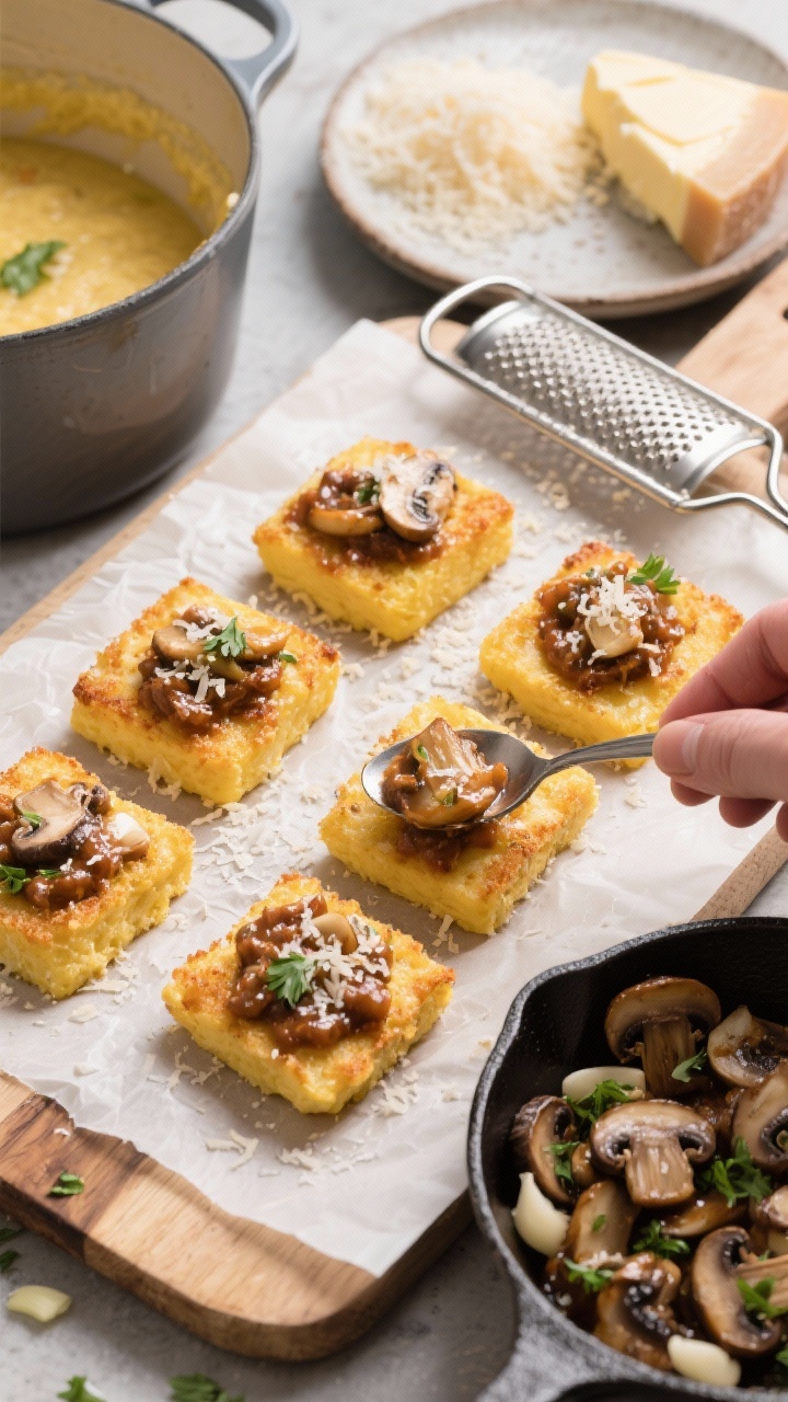 Overhead process shot: Crispy Parmesan polenta bites being assembled—uniform golden polenta squares on a parchment-lined board, each topped with a spoonful of glossy garlicky mushroom ragu; ingredients arranged around: a pot of quick-cooking polenta made with vegetable broth, a wedge and fine grater with a mound of finely grated Parmesan, a pat of unsalted butter melting, kosher salt pinch dish; a small skillet of sautéed mushrooms with visible minced garlic and parsley; sprinkled extra Parmesan on finished bites; rustic, savory, crisp-versus-saucy texture emphasized.