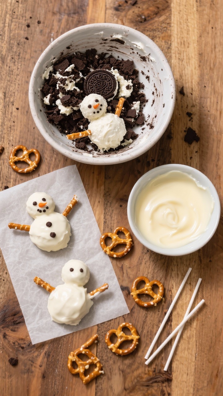 Overhead process shot for No-Bake Oreo Snowmen With Pretzel Arms: a mixing bowl with crushed chocolate sandwich cookies blended with softened cream cheese, formed truffle balls in two sizes for snowman bodies, a separate bowl of melted vanilla candy coating with refined coconut oil, parchment with partially dipped snowmen drying, mini pretzel sticks laid out for arms, and lollipop sticks ready; tidy, step-by-step composition on a wooden surface, emphasis on crumbly cookie texture versus smooth white coating.