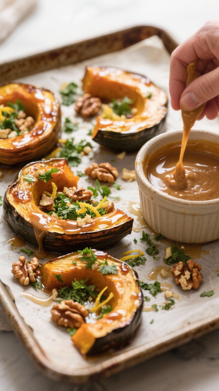 Cozy & Flavorful Vegan Thanksgiving Recipes Everyone Will Love—no Turkey Required Overhead process shot: Maple-miso roasted acorn squash on a parchment-lined sheet pan, 1-inch acorn squash crescents brushed with a glossy mixture of white miso paste, pure maple syrup, Dijon mustard, apple cider vinegar, avocado oil, and a sprinkle of salt and pepper; finished with a vibrant herby walnut gremolata scattered over top (finely chopped walnuts, parsley, lemon zest), caramelized edges glistening. Neutral ceramic ramekin with extra maple-miso glaze on the side, warm autumnal styling on a rustic baking tray, soft natural window light, crisp textures and deep amber-golden tones.
