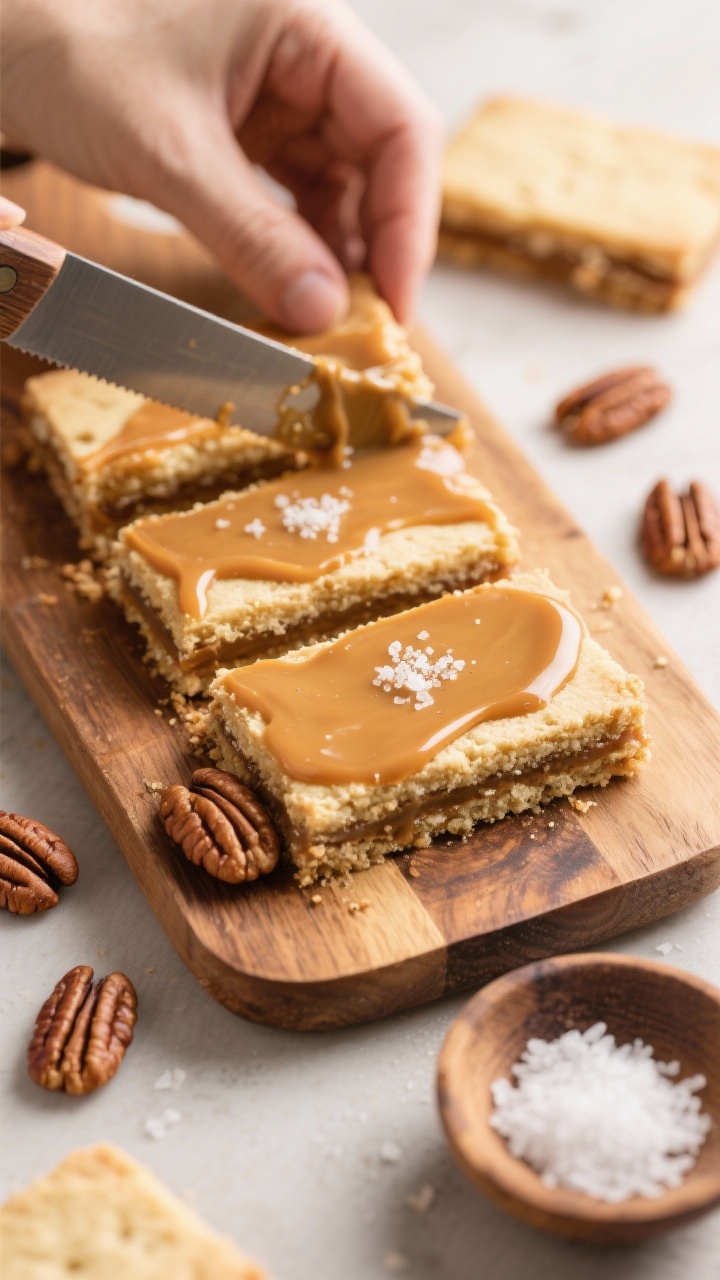 Healthy and Low-sugar Christmas Baking Recipes That’ll Steal the Cookie Tray Overhead process shot of cinnamon pecan shortbread bars being sliced into clean rectangles on a wooden board, with a glossy salted date caramel layer oozing slightly at the edges. Highlight toasted pecans scattered around, a knife with caramel smears, and a small dish of flaky sea salt ready for sprinkling. Neutral, buttery tones with warm highlights, sharp textures of shortbread crumb contrasting with silky caramel, professional bakery styling, no people.
