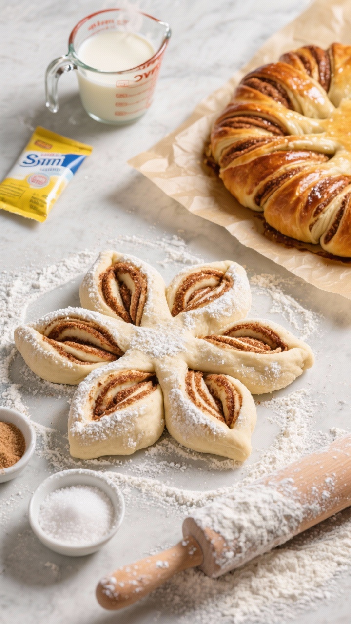 Classic Christmas Baking Ideas Everyone Will Love, With Zero Stress and Maximum Cheer Overhead process shot of cinnamon star bread during final shaping: layered dough rounds dusted with all-purpose flour, segments twisted to reveal spirals of cinnamon-sugar filling, forming a perfect star. Include a packet of instant yeast, warm milk in a measuring cup (steam faintly visible), granulated sugar and fine salt in pinch bowls, and a flour-dusted rolling pin. Next to it, a finished baked star bread on a parchment-lined sheet, deeply golden with glossy surface, shows pull-apart texture. Warm, inviting holiday mood, crisp detail.