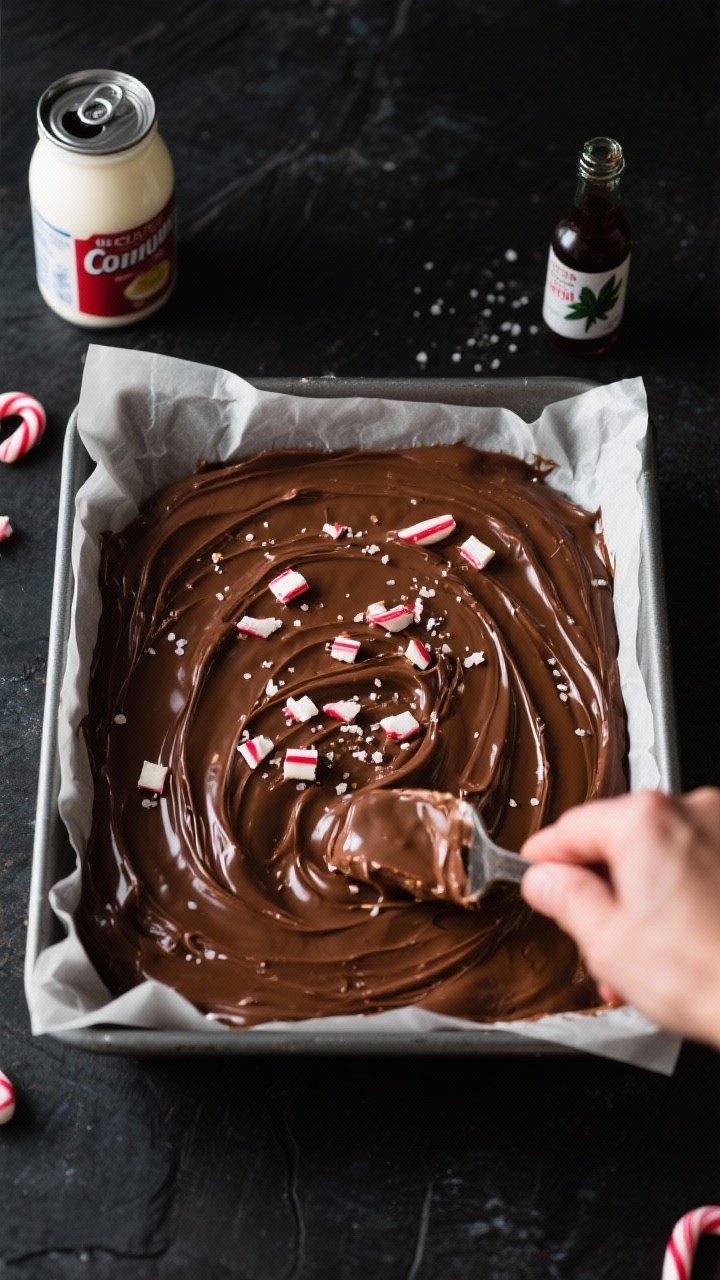 Overhead process shot of lazy chocolate peppermint fudge being spread in a square pan lined with parchment: thick, glossy semisweet fudge swirled from sweetened condensed milk, a few crushed candy cane bits sprinkled on top, tiny pinch of salt; can of condensed milk and bottle of peppermint extract visible at the edge, moody dark background for richness.