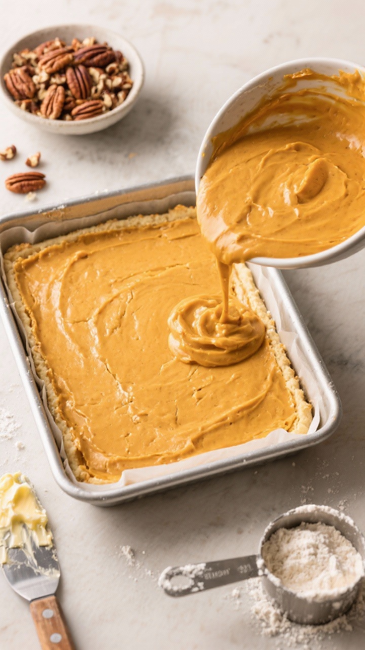 Overhead process shot of Maple Pecan Pumpkin Cheesecake Bars in the making: a rimmed baking pan lined with a golden shortbread base (softened unsalted butter, granulated sugar, fine salt, all-purpose flour) pressed evenly, with a bowl of pumpkin cheesecake mixture ready to pour and a dish of chopped pecans nearby. Include a butter-smeared spatula and flour-dusted measuring cup for texture. Warm, cozy bake-sale feel, natural light, tidy but lived-in mise en place, no people.