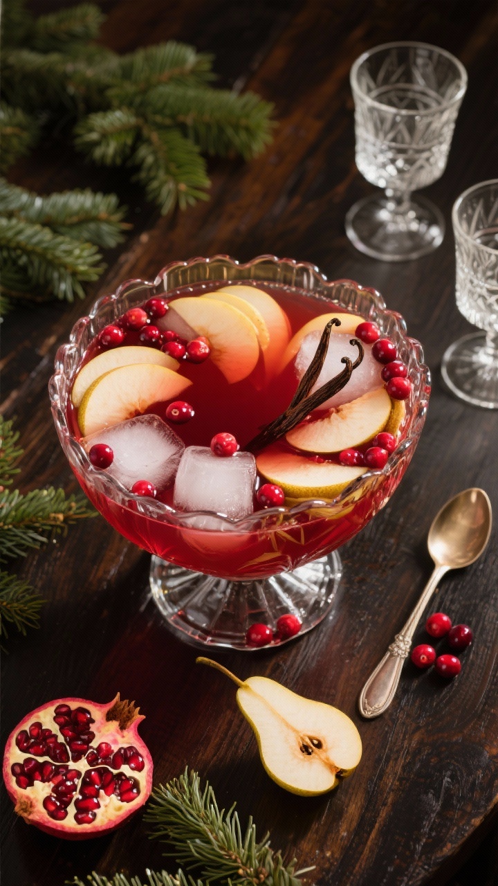 Overhead punch-bowl scene of a holiday pomegranate punch with vanilla pear and spiced cranberry: a crystal bowl filled with chilled pomegranate juice, pear nectar, and cranberry juice, studded with thin pear slices, floating cranberries, and a split vanilla bean for aroma. Ice ring with embedded cranberries adds sparkle. Ladle and matching clear glasses nearby, each with a single pear fan and a few pomegranate arils. Deep red and soft gold hues on a dark wood table with evergreen sprigs for a festive mood.