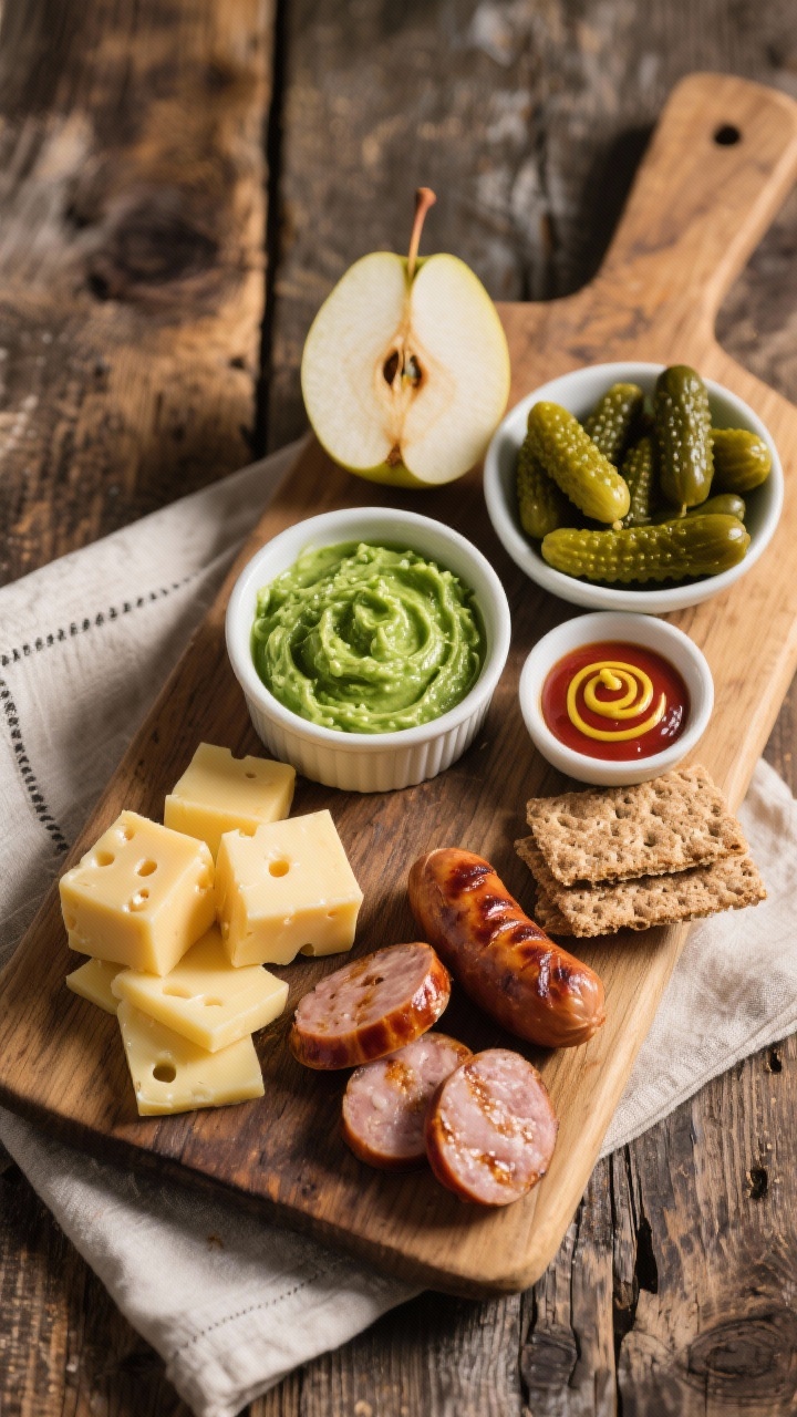Overhead rustic Alpine board with Green Goddess Dip: neat cubes of gruyère and aged cheddar, thin slices of fontina, lightly seared smoked kielbasa or garlic sausage rounds with caramelized edges, a ramekin of bright Green Goddess dip, cornichons piled in a small dish, and a dollop of sweet-hot mustard. Add sliced apple and pear wedges for alpine freshness, a few rye crackers, and a linen napkin. Warm, cozy lighting with gentle shadows on a weathered wooden table; crisp detail on cheese rind textures, sausage sear marks, and the creamy swirl of the dip.