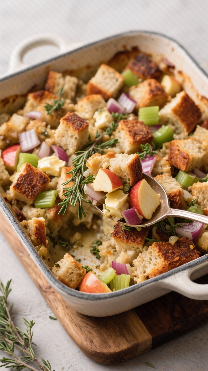 Overhead rustic bake of herbed sourdough stuffing: chunky 1-inch sourdough cubes toasted and bronzed, dotted with diced onion, celery, and apple (Honeycrisp/Granny Smith) for pops of green-red, all bound with butter and savory herbs; crisped edges and tender centers evident as a serving spoon lifts a portion, thyme leaves scattered, set in an enamel casserole on a wooden board.