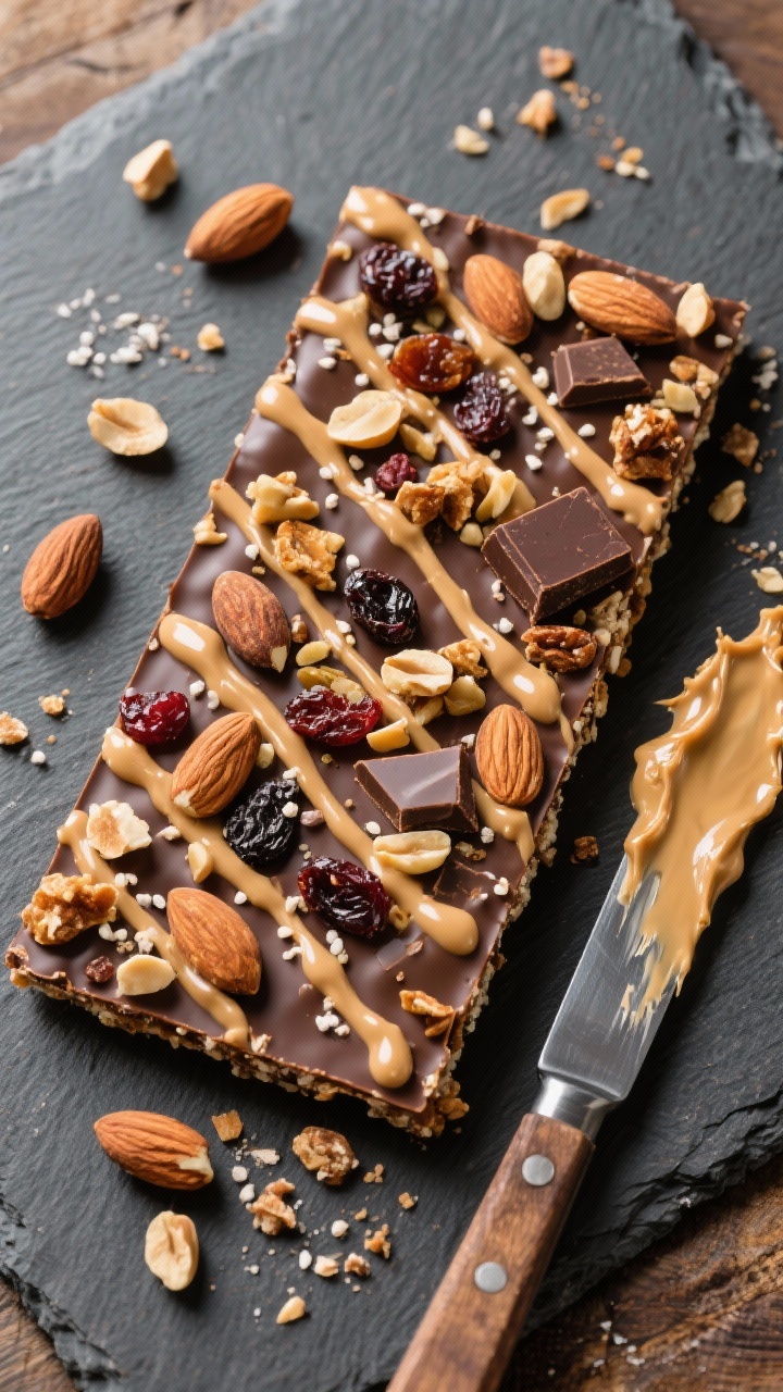 Overhead rustic flat lay of trail mix crunch toffee with peanut butter drizzle: saltine toffee slab coated in semisweet chocolate, sprinkled with roasted peanuts or almonds, dried fruit bits, and chocolate chunks like a trail mix, finished with thin zigzags of creamy peanut butter; crumbs and a knife with peanut butter smear add casual energy; slate board background.