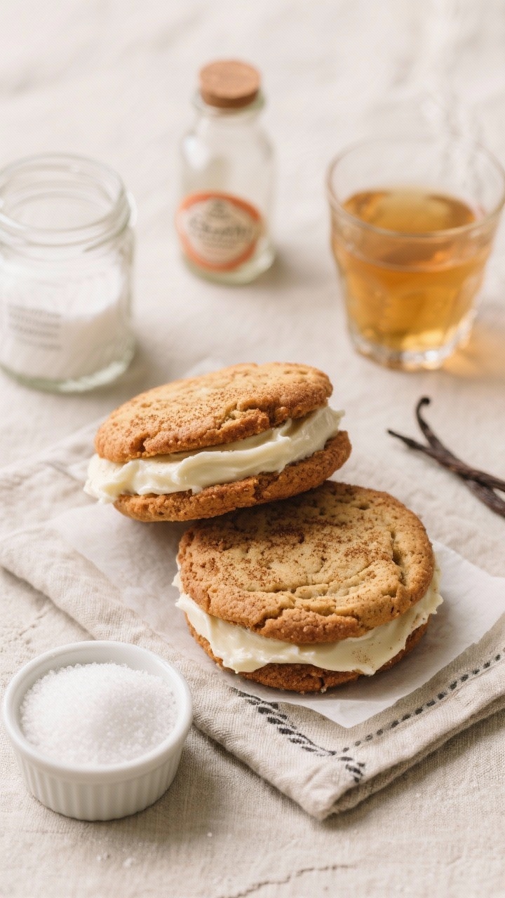Overhead sandwich composition of apple cider snickerdoodle cookies, two halves sandwiched with creamy filling, visible cinnamon-sugar crust and crackly tops; ingredients staged around: granulated sugar in a ramekin, cream of tartar jar, baking soda, a small glass of apple cider, and a vanilla bottle on a linen.