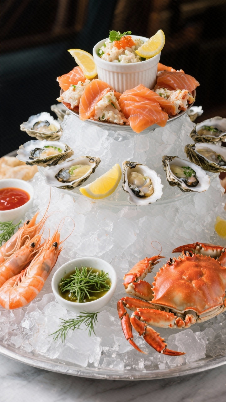 15 Festive Christmas Charcuterie Board Ideas for Holiday Parties That Wow Overhead seafood celebration tower on crushed ice: chilled jumbo shrimp with lemon wedges, a ring of fresh oysters on the half shell, folds of smoked salmon, a ramekin of smoked trout or whitefish salad, cracked crab claws or lump crab; small bowls of cocktail sauce, mignonette, and dill; bright, icy freshness, high clarity on brine and shell textures.