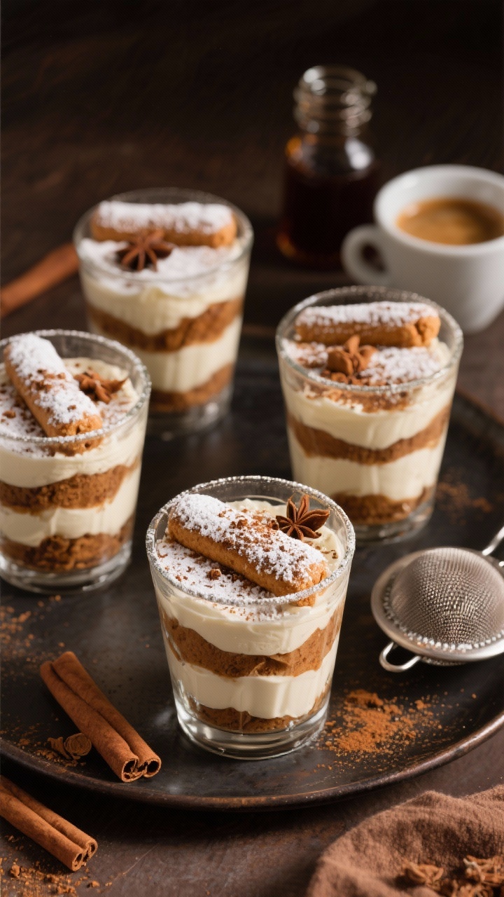 Overhead set of Gingerbread Tiramisu Cups in clear glasses: visible layers of mascarpone cream, coffee- and molasses-soaked ladyfingers, dusting of powdered sugar and a pinch of ground ginger and cinnamon on top; espresso cup, molasses jar, and a small sieve nearby; rich, cozy tones, soft shadows, emphasis on layered structure and spice flecks.