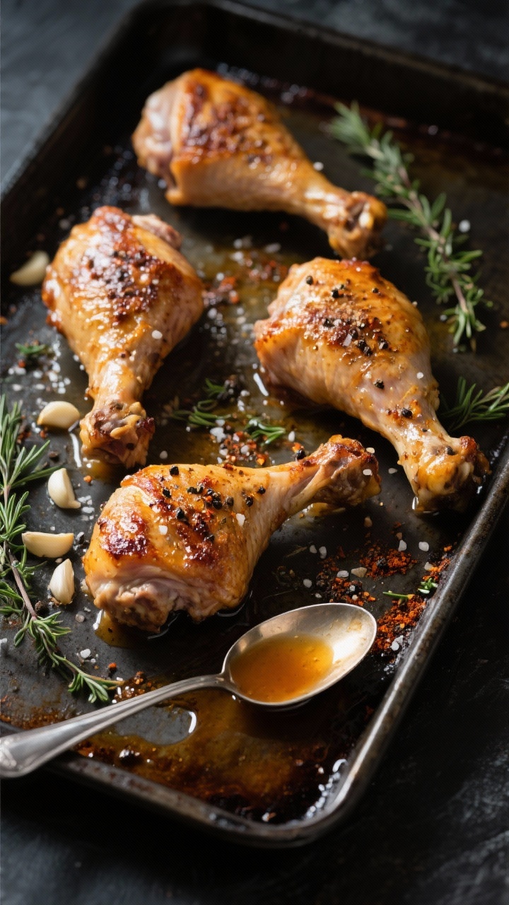 Overhead sheet-pan action shot: four bone-in, skin-on turkey thighs sizzling on a dark metal sheet pan, skin crackling and blistered, seasoned with kosher salt, black pepper, garlic powder, smoked paprika, and scattered fresh thyme leaves; rendered pan juices pooling for herbed pan gravy, a small stainless ladle catching the glossy gravy at the corner; moody light, high contrast, warm tones, no people, crisp textures of golden skin and speckled spices.