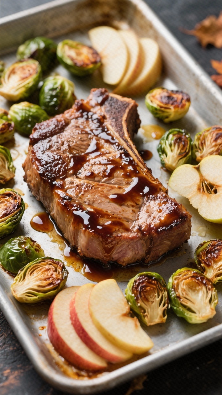 7 One-pan Dinners That Make Clean-up Effortless (and Weeknights Easier) Overhead sheet-pan dinner: juicy boneless pork chops lacquered with a balsamic and maple glaze, surrounded by halved Brussels sprouts with caramelized edges and fan-sliced crisp apples (Honeycrisp or Gala). Olive oil gloss, a few balsamic droplets pooling, autumnal palette of greens, ambers, and deep browns. Clean, high-contrast lighting for appetizing shine.