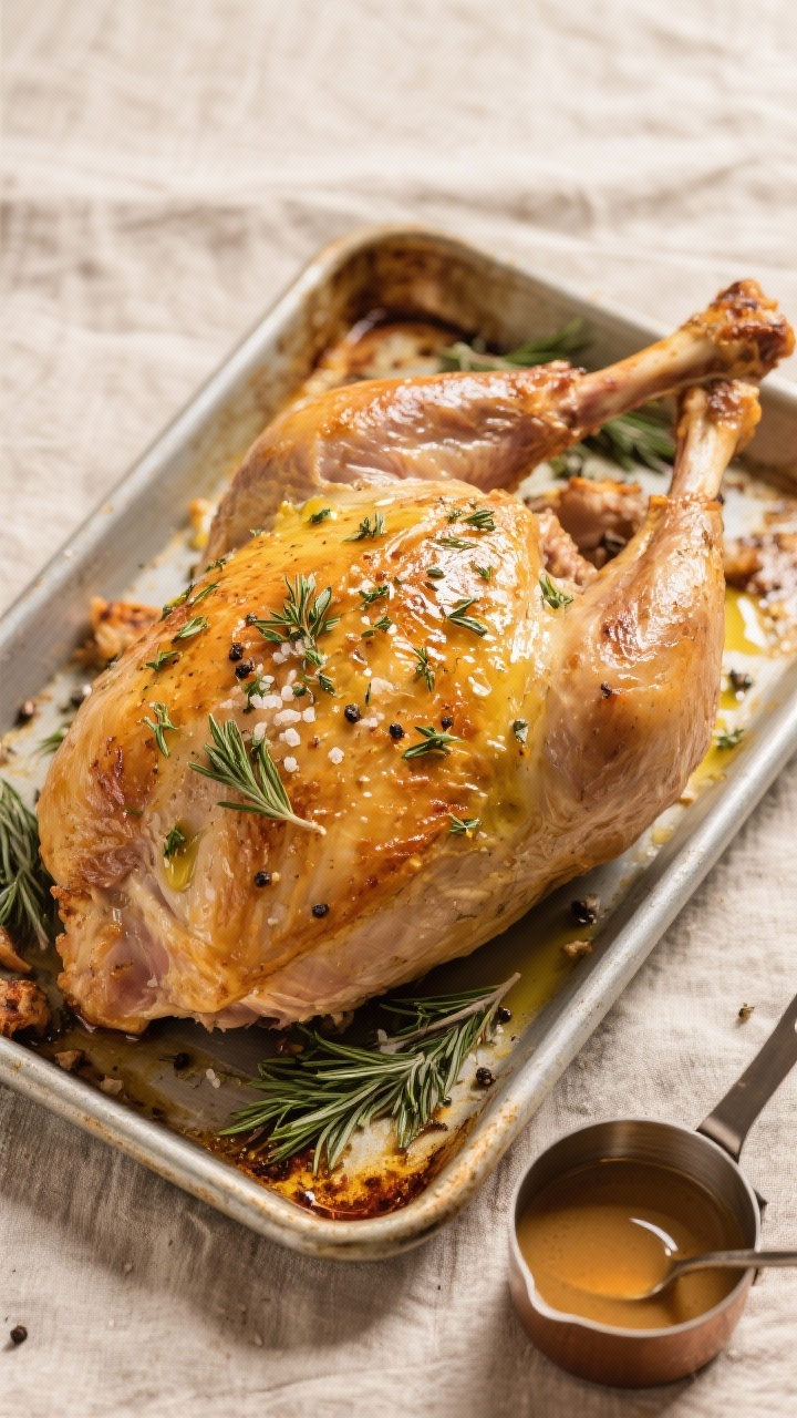 Overhead sheet-pan scene: a golden, herb-butter roasted bone-in turkey breast (5–7 lb) resting on a rimmed metal pan, skin blistered and glossy with olive oil, flecks of chopped fresh rosemary and thyme, coarse kosher salt and black pepper visible on the crisp skin. A small saucepan of silky pan gravy nearby with spoon trails showing sheen, drippings pooled on the pan with roasted bits. Neutral linen, warm fall tones, shallow side light to emphasize texture, no people.