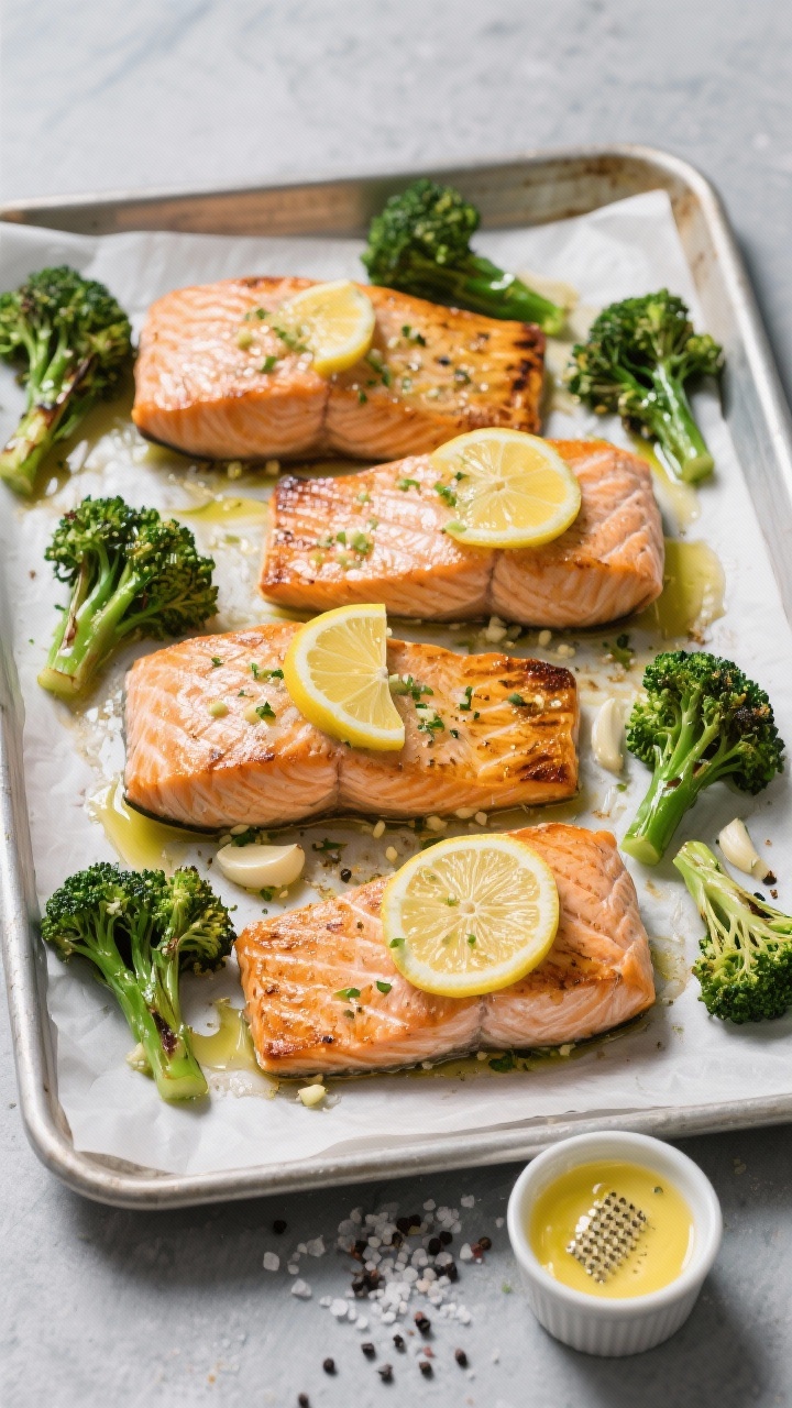 Overhead sheet-pan scene: four skin-on salmon fillets roasted to crisp-edged perfection with visible lemon zest, glossy lemon slices, and minced garlic butter pooling on top; charred-tipped broccolini drizzled with olive oil nestled around the salmon; coarse sea salt and black pepper flakes scattered; a small ramekin of melted butter with microplane-grated lemon zest beside it; bright, clean light on a parchment-lined rimmed sheet pan over a cool gray surface, emphasizing golden salmon, vibrant green broccolini, and citrus shine.