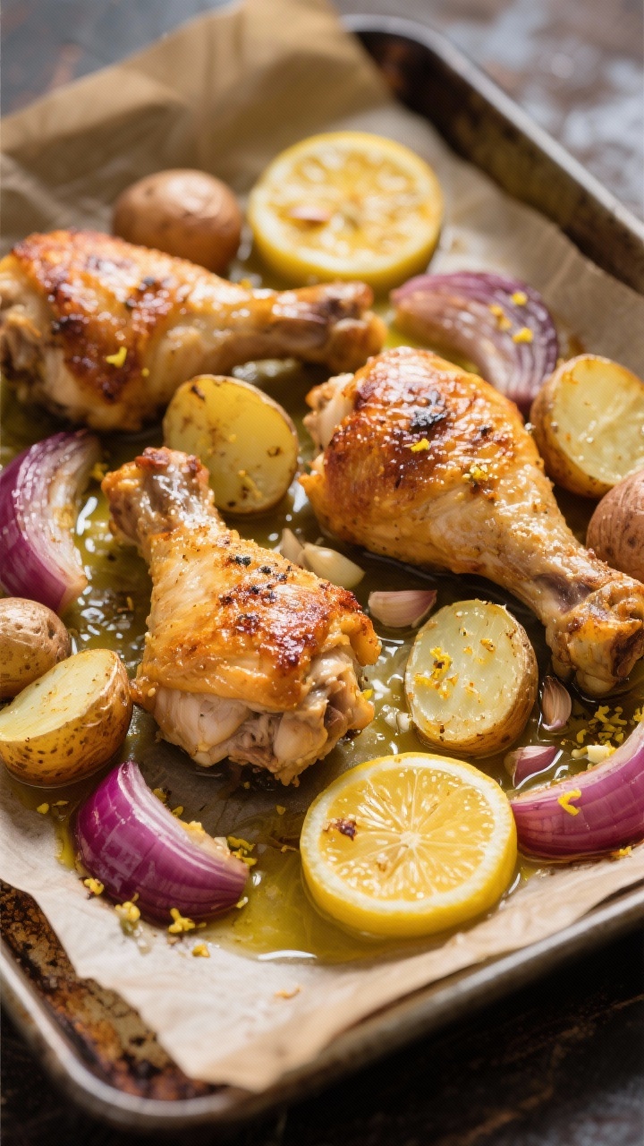 Overhead sheet-pan scene: golden, crispy bone-in chicken thighs nestled with halved baby potatoes and red onion wedges on a parchment-lined tray, lemon slices caramelized at the edges, flecks of lemon zest and minced garlic glistening in 3 tbsp olive oil, rustic oven-to-table vibe, warm directional light, high contrast to emphasize crackly chicken skin and roasted potato texture.