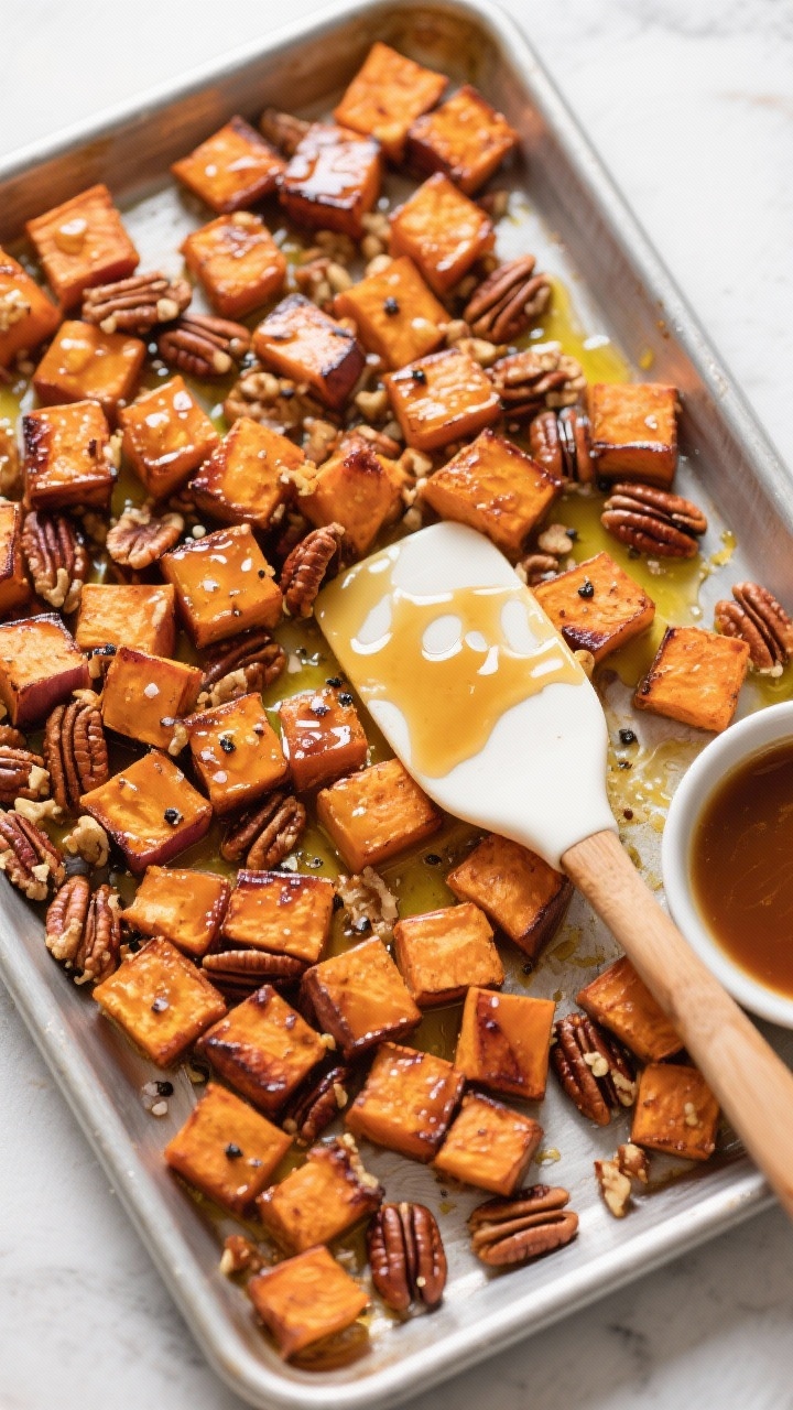 Overhead sheet-pan scene of Maple-Dijon Roasted Sweet Potatoes: 1-inch cubes of sweet potato roasted to bronzed edges, tossed with olive oil, pure maple syrup, Dijon mustard, apple cider vinegar, kosher salt, black pepper, and finished with toasted pecans. A silicone spatula mid-pan, little caramelized glaze streaks visible, a small bowl of extra maple-Dijon glaze on the side. Emphasize lacquered surfaces, warm orange hues, and crunchy pecan texture; clean, festive styling.