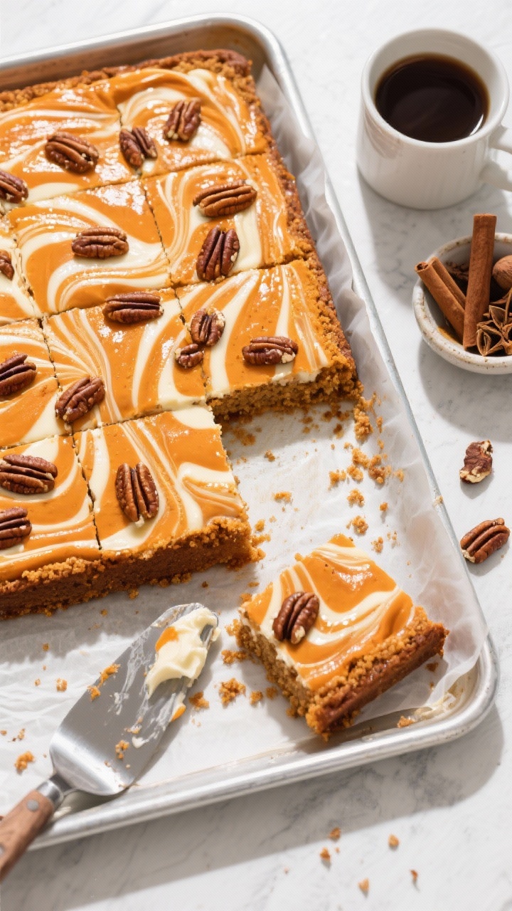 Overhead sheet-pan scene of Pumpkin Spice Sheet Cake with cream cheese swirls and toffee pecans: marbled cream cheese ribbons baked into a deep orange pumpkin crumb, scattered with crunchy toffee pecans. One corner sliced into squares, crumbs and pecan toffee bits on the parchment. Include a small dish with warm spices (cinnamon, nutmeg), a spatula with a bit of cream cheese swirl, and a cup of coffee off to the side. Clean, bright light to show the marbling and glossy toffee texture, inviting and casual.