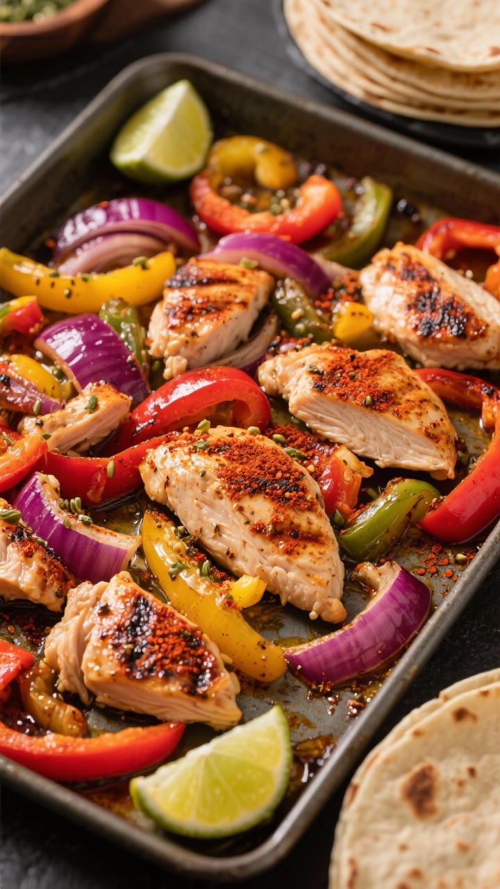 10 Easy One-pan Chicken Dinners for Busy Weeknights That Taste Like Weekend Treats Overhead sheet-pan scene of smoky paprika chicken fajitas mid-roast: sliced chicken thigh strips tossed with mixed-color bell peppers and red onion, coated in olive oil, smoked paprika, and cumin; charred edges, vivid reds, yellows, and purples; lime wedges and warm tortillas stacked nearby; bold, punchy colors, high-contrast lighting emphasizing the spice rub.