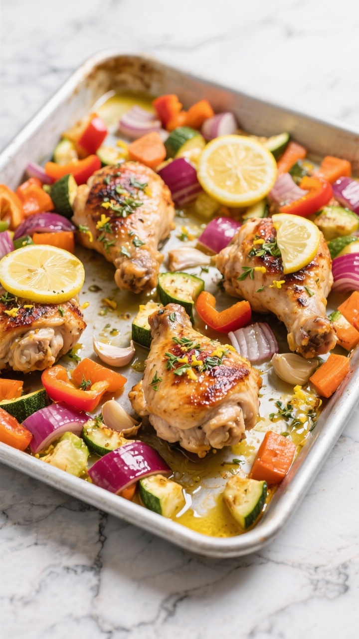 Overhead sheet-pan scene: One-pan lemon herb chicken thighs surrounded by roasted veggie confetti, vibrant mix of diced bell peppers, red onion, zucchini, and carrots; glossy olive oil sheen, visible lemon zest and wedges, minced garlic and dried oregano sprinkled; chicken slightly charred at edges, juices pooling; styled on a rimmed metal pan over a stone surface, bright, fresh mood.
