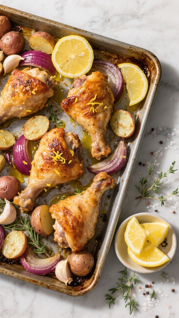 Overhead sheet-pan shot: golden, crispy bone-in chicken thighs with deeply rendered skin nestled among halved baby potatoes, red onion wedges, and smashed garlic cloves, all glistening with olive oil. Bright lemon character: zest sprinkled over, thin lemon rounds and squeezed halves scattered on the pan, a small dish with extra lemon wedges on the side. Herb-forward styling with fresh thyme and parsley sprigs, coarse sea salt and cracked pepper visible. Warm, directional light to emphasize crisp textures and caramelized edges; rustic metal sheet pan on a light marble surface for contrast.