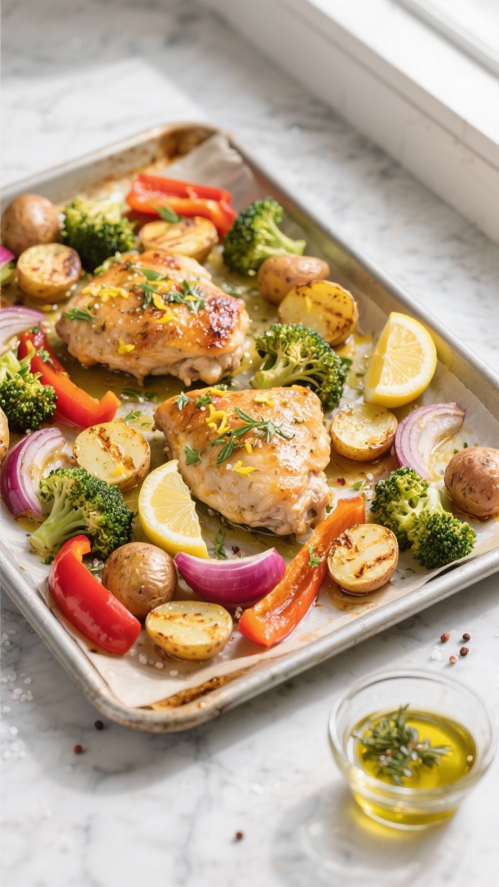 Overhead sheet-pan shot of lemon herb chicken with rainbow veggies, just out of the oven: boneless skinless chicken thighs glistening with extra-virgin olive oil, lemon zest and herbs, nestled among halved baby potatoes with crispy edges, bright broccoli florets, sliced red bell pepper, and red onion wedges caramelizing at the tips. Golden, slightly charred bits, coarse sea salt and cracked pepper visible, a few lemon slices tucked between pieces, on a parchment-lined metal pan atop a light stone surface. Clean, meal-prep vibe with small glass prep containers and a ramekin of olive oil and herbs at the edge. Natural window light, soft shadows, vivid color contrast.