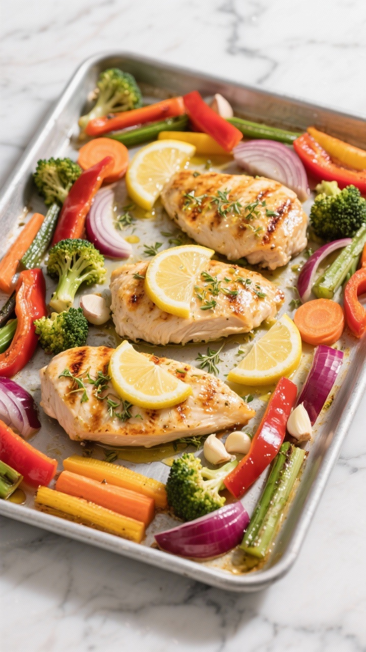 Overhead sheet-pan shot of lemon herb chicken with rainbow veggies: pounded boneless skinless chicken breasts glazed with lemon zest and juice, extra-virgin olive oil, minced garlic, dried oregano; surrounded by colorful mixed vegetables like red bell pepper strips, broccoli florets, carrot coins, and red onion wedges arranged in neat rows for maximum crispness on a preheated metal sheet pan. Highlight golden, lightly charred edges, visible lemon slices, and micro-steam, on a matte baking tray over a marble surface, bright natural light, crisp textures emphasized.