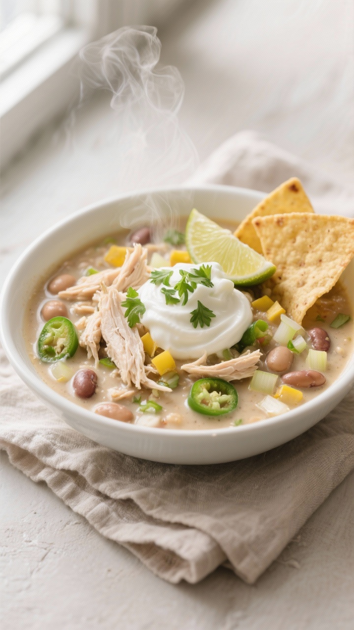 Overhead shot: A creamy classic white chicken chili served in a wide white ceramic bowl, showcasing tender shredded boneless skinless chicken breasts, great northern beans, mild diced green chiles, and silky broth flecked with diced yellow onion and minced garlic; garnished with a swirl of sour cream, chopped cilantro, and a squeeze of lime, with warm tortilla chips on the side. Soft natural window light, neutral linen, steam rising, focus on the rich, comforting texture.