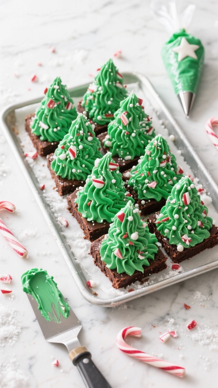 Overhead shot: A tray of “Peppermint Forest Trees” cut from a 9x13 brownie slab into tall triangle trees, frosted with vivid green buttercream (unsalted butter, powdered sugar, heavy cream, vanilla, pinch of salt) piped in swoops to form branches, sprinkled with crushed peppermint candy and tiny white sugar pearls like snow, chocolate brownie edges visible. Set on a white marble surface with scattered candy cane shards, a small offset spatula with green frosting smear, and a piping bag with star tip. Bright, wintry lighting, crisp focus on frosting texture and peppermint sparkle.