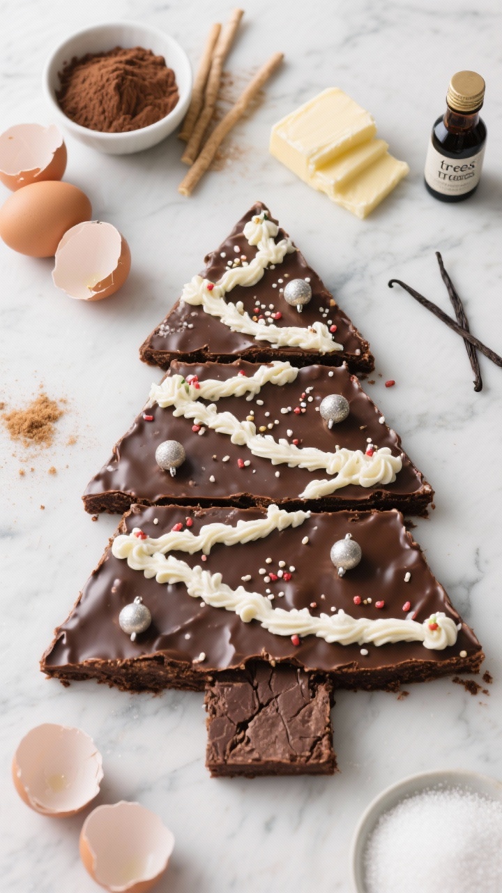 Overhead shot: Classic fudge-loaded Christmas tree brownies sliced into triangular “trees,” ultra-dense and glossy with a crackly top, decorated with buttery vanilla frosting piped as garlands and tiny sprinkle “ornaments.” Include a small bowl of unsweetened cocoa powder, sticks of unsalted butter, granulated sugar, light brown sugar, 4 cracked eggs at room temp, and a bottle of pure vanilla extract on a cool marble surface. Soft winter light, deep chocolate tones with creamy white frosting contrast, no people, professional styling.