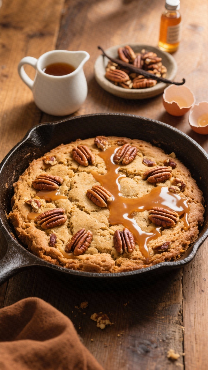 Overhead shot, final presentation: A golden-brown Brown Butter Pecan Cookie Cake in a round cast-iron skillet, studded with toasted pecans and draped with a glossy maple glaze cascading down the craggy surface. Visible brown butter flecks, a mix of light brown sugar and granulated sugar caramel tones, and a tender crumb. Styled on a warm wood table with a small pitcher of maple glaze, a dish of toasted pecan halves, vanilla extract bottle, and two cracked eggshells nearby. Soft afternoon light, cozy Thanksgiving mood, shallow depth of field emphasizing the glistening glaze and nutty texture.