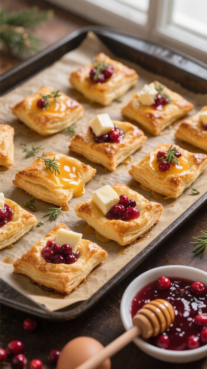 Overhead shot: Golden cranberry brie puff pastry bites fresh from the oven on a parchment-lined dark sheet pan, each puff with a molten cube of brie, a glossy spoonful of whole-berry cranberry sauce, and a drizzle of thyme-infused honey, tiny thyme leaves sprinkled on top; a small bowl of cranberry sauce, a honey dipper with viscous honey, and an egg wash brush at the corner; warm holiday ambiance with soft natural window light, crisp flaky layers and gooey cheese emphasized.