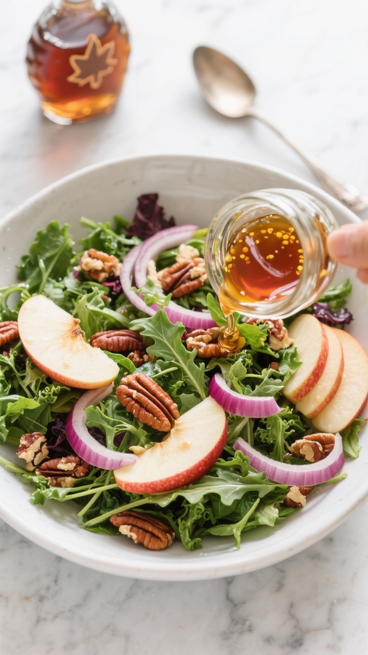 Thanksgiving Salad Ideas That’ll Steal the Show From the Turkey Overhead shot of a bright autumn salad in a wide white ceramic bowl: mixed baby greens (arugula, baby kale, spring mix), thin Honeycrisp apple fans, ultra-thin red onion crescents, and roughly chopped toasted pecans. A small glass jar of glossy maple-Dijon vinaigrette mid-pour creates a glistening sheen on the greens. Style on a light marble surface with a maple syrup bottle and a Dijon spoon nearby. Crisp textures, vibrant greens and reds, clean natural daylight, no people.
