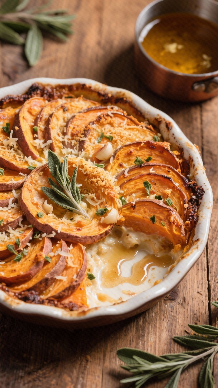 Overhead shot of a browned-butter sage sweet potato gratin just out of the oven: thin 1/8-inch sweet potato rounds shingled in tight spirals, edges caramelized, capped with a deeply golden, crackly Parmesan crust. Visible flecks of chopped fresh sage and minced garlic tucked between layers, with glossy pools of browned butter mingling into a rich heavy cream and whole milk base bubbling at the edges. Styled in a round enamel baking dish on a warm wood table, a small saucepan of browned butter and scattered fresh sage leaves nearby. Soft holiday light, high contrast to emphasize crispy top and creamy interior, no people.