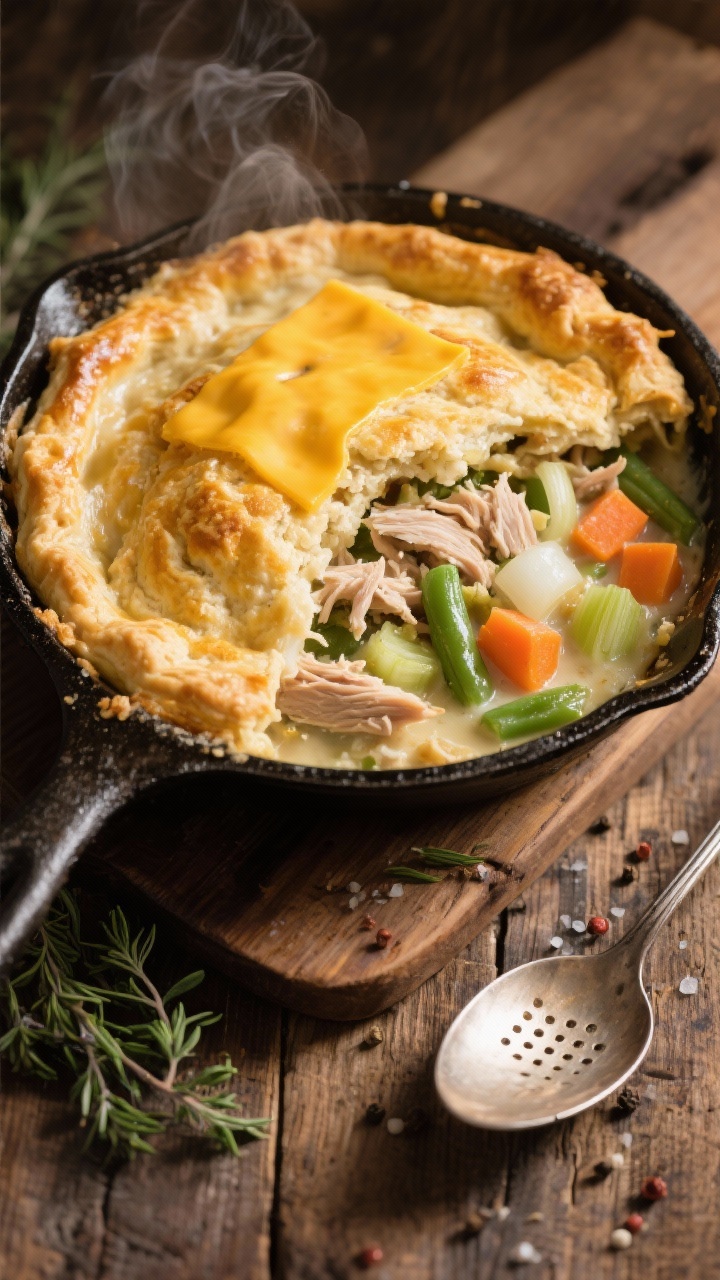 Overhead shot of a bubbling Day-After Turkey Pot Pie in a cast-iron skillet with a golden cheddar biscuit top, flaky and craggy. Visible creamy filling peeks through: shredded leftover turkey, diced onions, carrots, celery, and chopped green beans. Set on a rustic wooden table with a slotted spoon, scattered fresh thyme and cracked pepper, warm cozy lighting, slight steam rising.