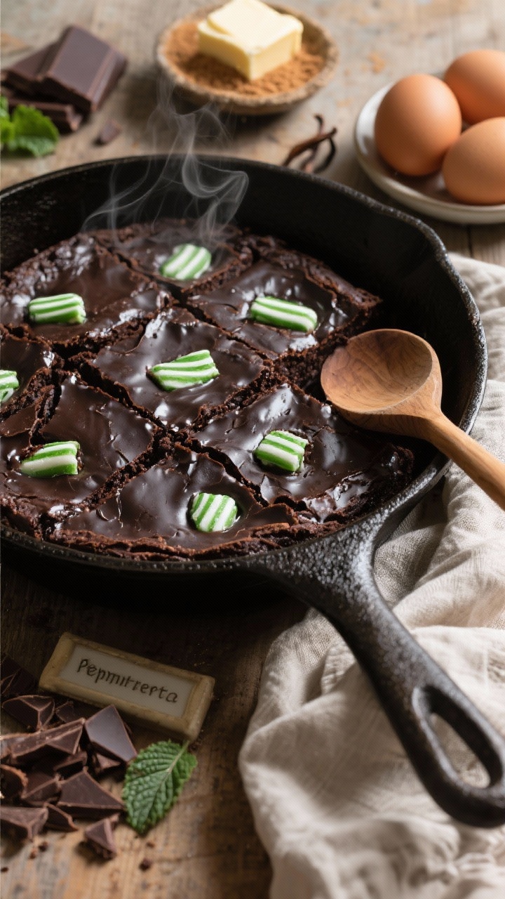 Overhead shot of a cast-iron skillet filled with midnight-dark mint brownies, just out of the oven, with melty pockets of peppermint bark peeking through fissures in the glossy top. Steam gently rising. Include a wooden spoon and folded linen, plus nearby ingredients: chopped dark chocolate (60–70%), unsalted butter, granulated and brown sugar, 3 eggs, vanilla, and a small dish labeled peppermint extract. Rustic vignette, warm side light, crisp focus that catches the crackly top and gooey centers.