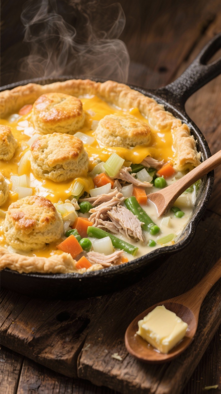 Creative and Easy Ways to Use Thanksgiving Leftovers for Quick Weeknight Meals You’ll Crave Overhead shot of a cast-iron skillet turkey pot pie on a rustic wooden table, creamy filling bubbling with diced onion, carrots, celery, shredded leftover turkey, and green beans/peas, topped with golden cheddar-drop biscuits with visible melted cheese and flaky texture; butter pats and a wooden spoon with a bit of gravy on its edge; warm, cozy lighting, steam rising, no people.