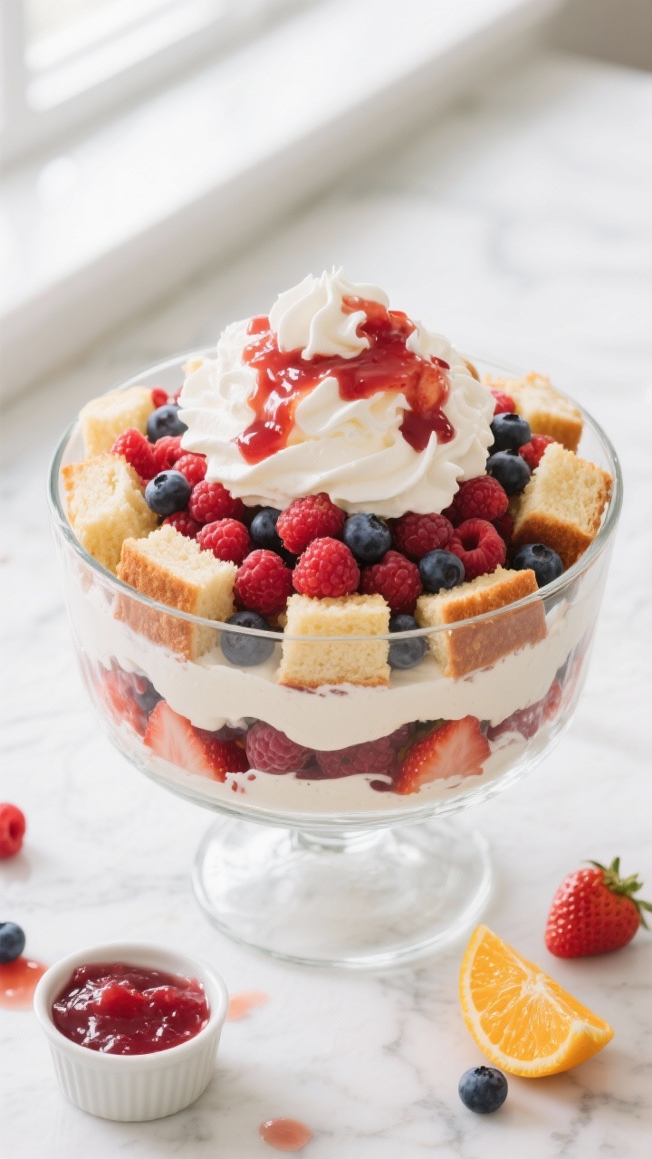 Overhead shot of a Classic Berry Bliss Trifle being assembled in a clear glass trifle bowl: layers of 1-inch cubes of pound cake, brushed with a mix of raspberry jam loosened with a splash of orange juice, followed by glossy mixed berries (strawberries, raspberries, blueberries), and generous swirls of whipped cream. Include a small ramekin of seedless raspberry jam, a citrus wedge, and a scattered few berry juices on a white marble surface for color contrast; bright, festive mood with natural window light and crisp highlights on the berries.