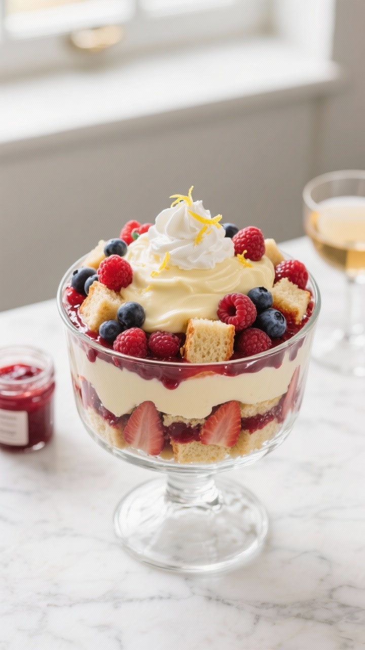 Overhead shot of a classic British trifle assembled in a clear glass trifle bowl: layers of sponge cake or ladyfingers cut into chunks spread with glossy raspberry jam, lightly soaked with dry sherry, studded with mixed berries (raspberries, strawberries, blueberries), topped with a thick layer of silky vanilla custard and a soft cloud of whipped cream; garnish with a few fresh berries and grated lemon zest, set on a white marble surface with a small jar of raspberry jam and a sherry glass in the background; soft natural window light, crisp details, festive yet elegant mood.