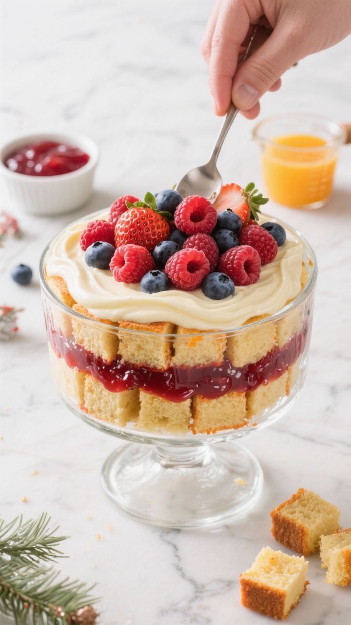 Overhead shot of a Classic Merry Berry Trifle being assembled: a clear glass trifle bowl layered with 1-inch cubes of golden sponge/pound cake brushed with orange or berry juice, a glossy layer of seedless raspberry jam, and a generous mound of mixed fresh berries (strawberries, raspberries, blueberries) topping a silky vanilla custard. Include a small bowl of raspberry jam, a measuring cup with orange juice, and extra cake cubes on a marble surface. Bright, festive styling with subtle holiday accents; natural soft light; sharp focus on juicy berry textures and creamy custard swirls.