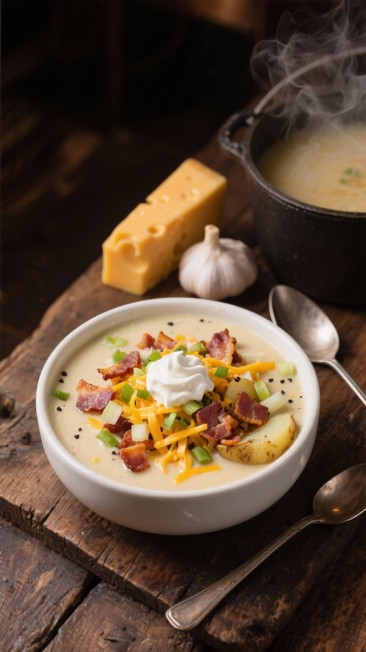 Overhead shot of a classic pub-style loaded baked potato soup in a heavy white ceramic bowl on a rustic wood table: creamy, velvety potato base thickened with butter and flour, topped generously with crisp thick-cut bacon pieces, sharp cheddar shreds, sliced scallions, and a dollop of sour cream; visible finely diced yellow onion and flecks of black pepper; side props include a wedge of cheddar, a garlic bulb, and a ladle resting near a pot of steaming soup; warm tavern lighting, moody, cozy, steam rising.