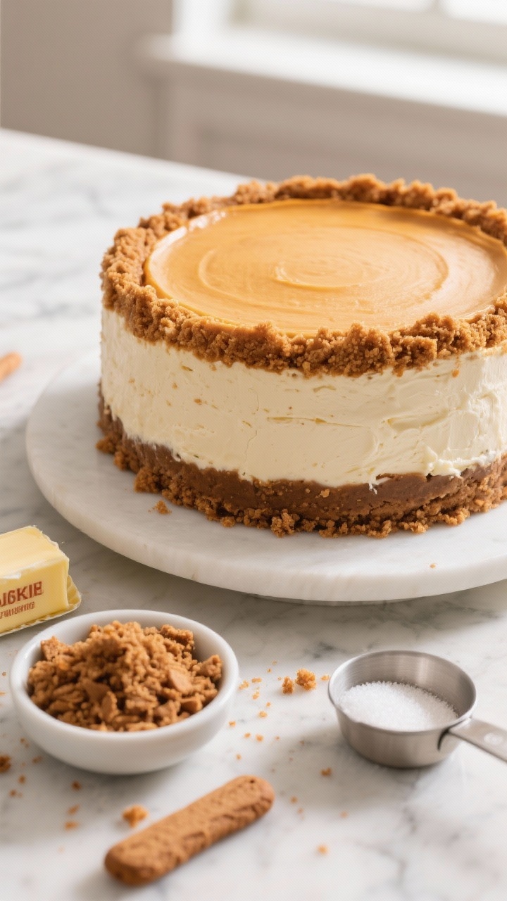 Overhead shot of a Classic Pumpkin Cheesecake with a thick gingersnap cookie crumb crust on a matte white cake stand: the crust made from gingersnap crumbs, granulated sugar, and melted unsalted butter is visibly crunchy and deeply caramel-brown; the creamy pumpkin cheesecake filling made from room-temperature cream cheese and sugar looks ultra-smooth with a slight matte sheen. Style with a small bowl of gingersnap crumbs, a stick of butter wrapper, and a measuring cup with granulated sugar off to the side. Warm autumn tones, subtle crumbs on a marble surface, soft directional window light, no people, pro food styling.