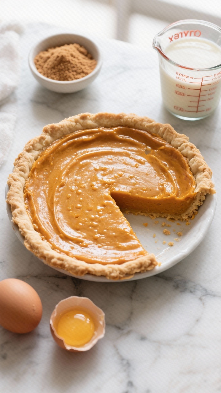Overhead shot of a Classic Pumpkin Pie just out of the oven: a glossy, set filling made from pure pumpkin puree with a blend of light brown sugar, granulated sugar, and eggs, baked in an unbaked 9-inch pie crust. Show subtle jiggle marks, tiny custard bubbles, and warm autumn tones. Style with a small bowl of packed light brown sugar, a cracked egg with visible yolk, and a measuring cup labeled evaporated milk on a marble surface. Slice partially to reveal silky texture; soft natural window light, minimal props, no people.