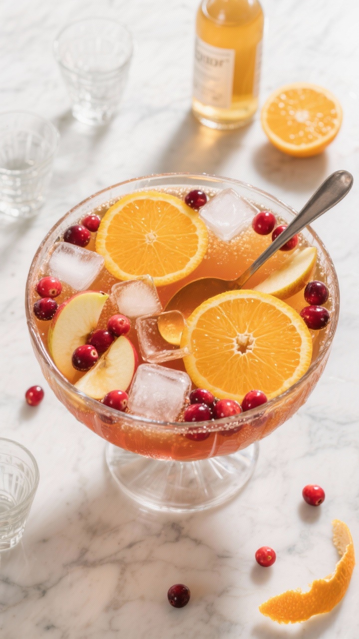 Overhead shot of a classic sparkling orange cran-apple punch in a large clear glass party bowl on a marble surface, filled with chilled apple cider, 100% cranberry juice, and fresh orange juice, lightly sweetened with simple syrup. Garnished with thin orange wheels, fresh cranberries, and apple slices floating among large clear ice cubes; a ladle rests on the rim. Surround with small glass cups, a bottle of simple syrup, and citrus peels. Bright, festive lighting, crisp reflections emphasizing ruby-red and golden hues.