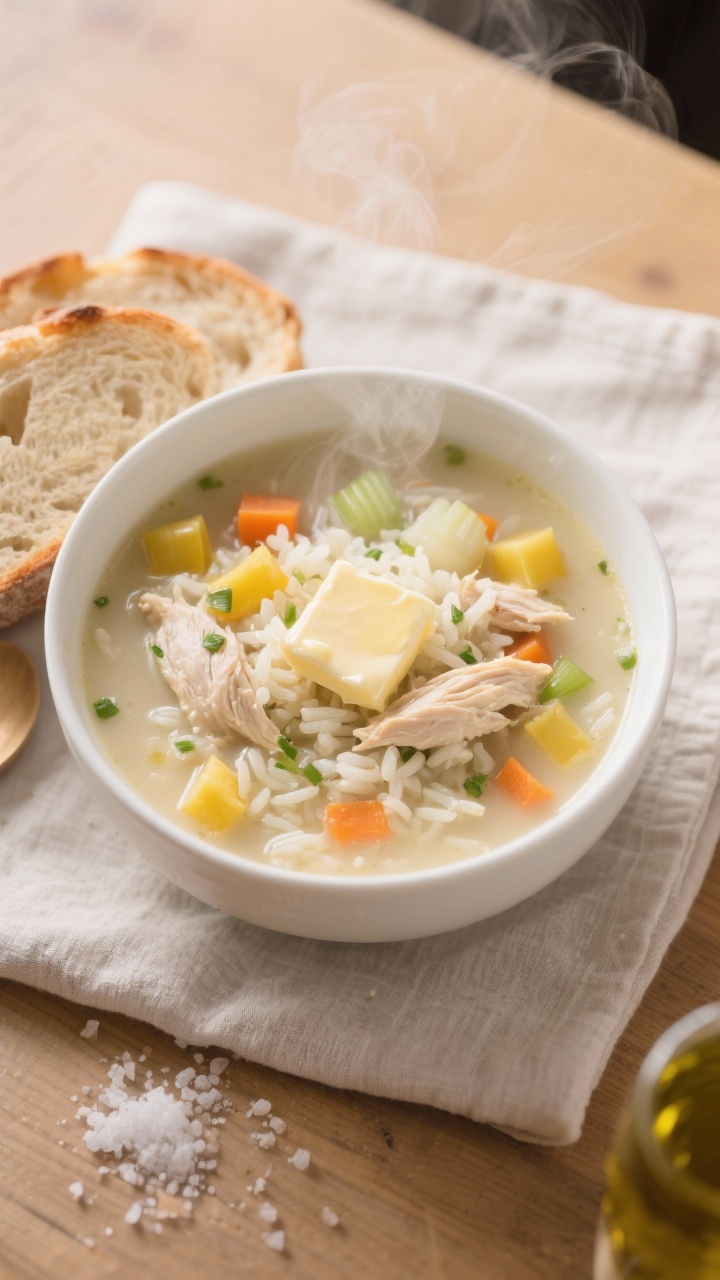 Overhead shot of a cozy, classic creamy chicken and rice soup in a wide white ceramic bowl on a light wooden table, with visible diced yellow onion, carrots, celery, minced garlic flecks, tender shredded chicken, and soft white rice in a velvety, butter-enriched broth; a pat of unsalted butter melting on a warm slice of crusty bread on the side, a drizzle sheen from olive oil, kosher salt crystals sprinkled nearby, steam gently rising for a “tastes like a hug” mood; neutral linens, soft daylight, no people, professional styling.