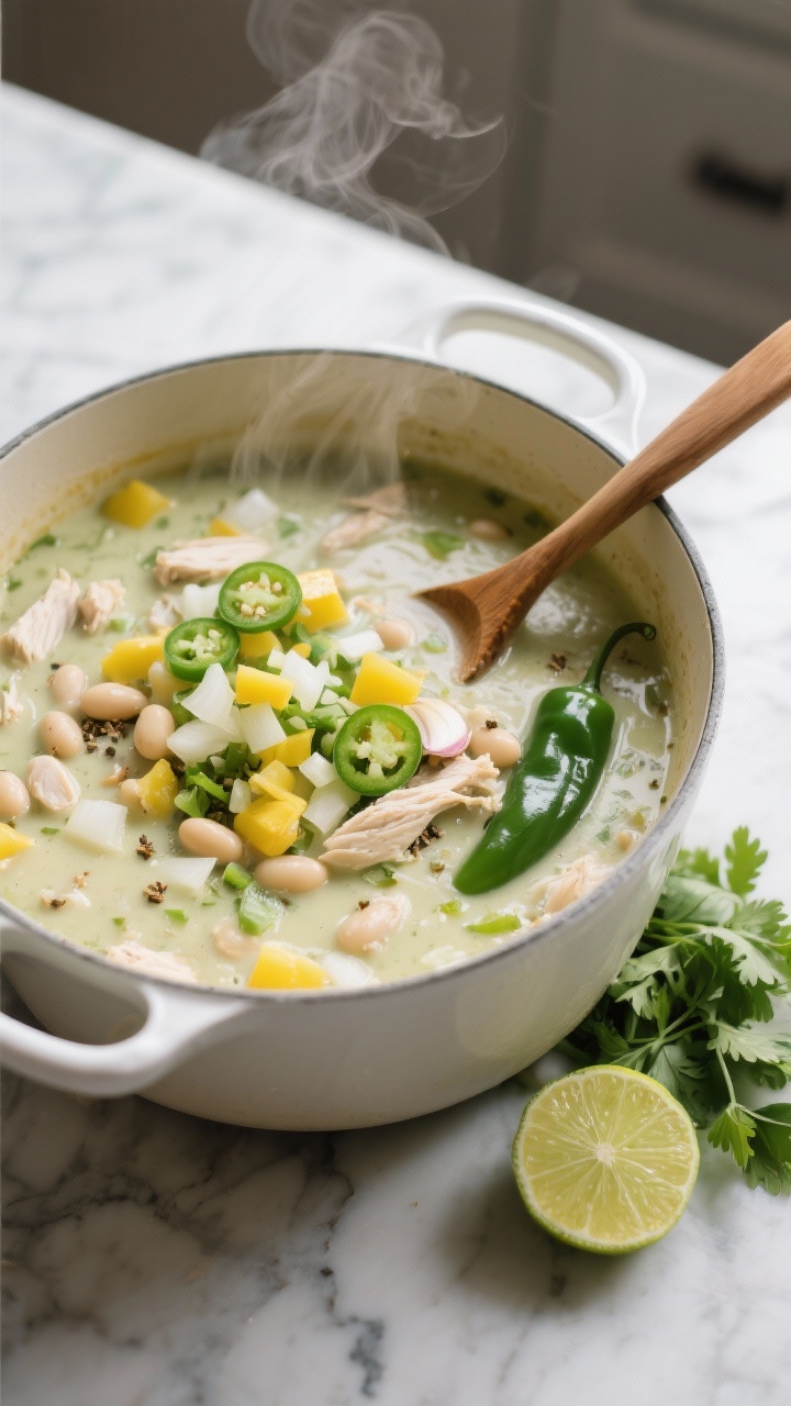 Overhead shot of a cozy, creamy weeknight white chicken chili simmering in a white Dutch oven on a marble countertop: visible diced yellow onion, poblano pepper (or green bell pepper), minced jalapeño for optional heat, and minced garlic nestled in a velvety pale-greenish white broth speckled with cumin and creamy beans; steam rising, a wooden spoon resting on the pot, lime wedges and cilantro off to the side for garnish, soft evening kitchen light, no people, professional styling focused on the “practically cooks itself” comfort-food vibe.