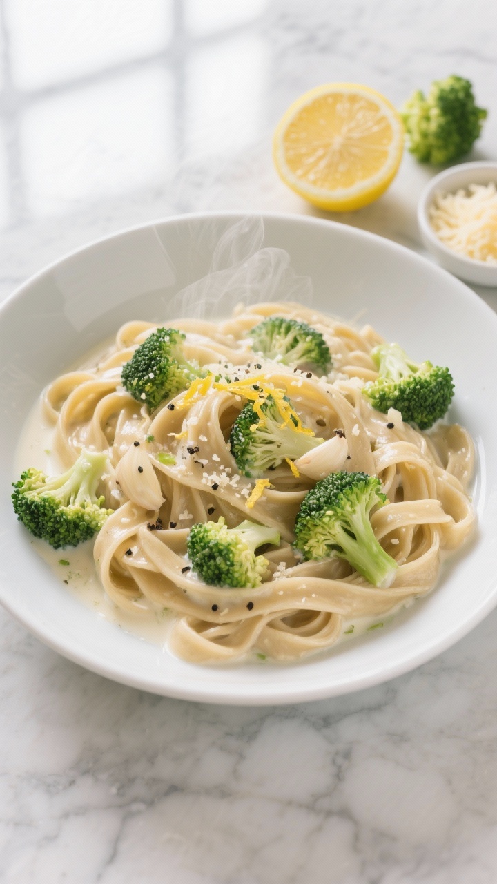 Overhead shot of a creamy lemon broccoli “Alfredo” plated in a shallow white bowl: whole-wheat fettuccine ribbons coated in a silky light sauce made from low-sodium broth and a splash of milk, with tender small broccoli florets, minced garlic glistening in olive oil, lemon zest sprinkled over, a few cracks of black pepper, and a light dusting of grated Parmesan; set on a cool marble surface with a halved lemon, extra broccoli florets, and a small bowl of grated cheese off to the side; bright, airy mood, natural window light, soft shadows, steam faintly rising.